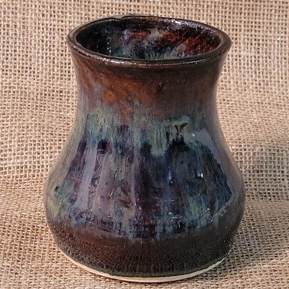 Handmade Pottery Vase Brown W/ Multicolor Green & Tan Accents~ Artist Signed EUC - Picture 2 of 6